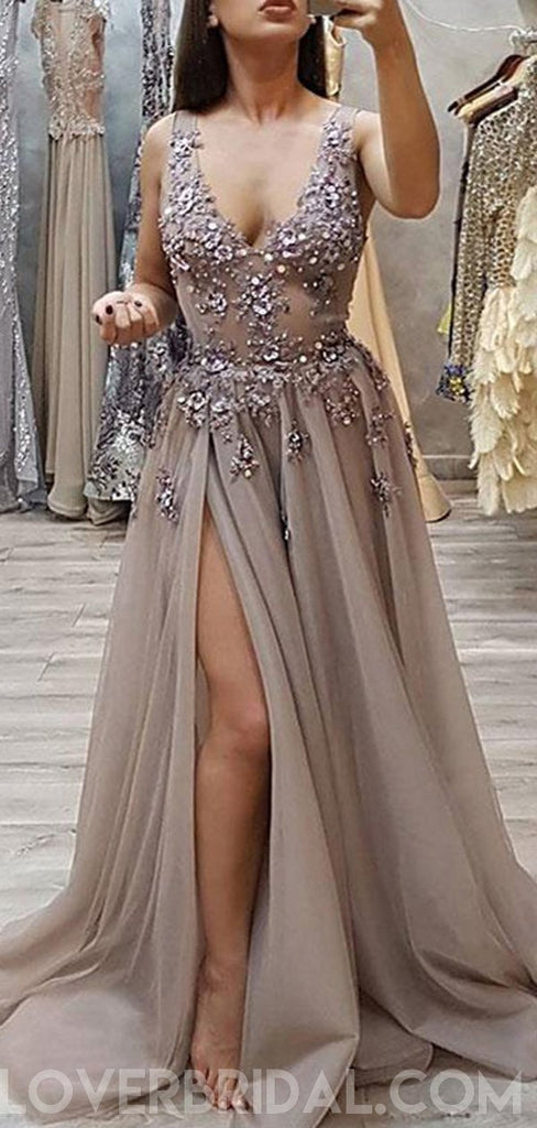 Sexy V Neck See Through Grey Side Slit Lace Long Evening Prom Dresses, Cheap Sweet 16 Dresses, 18440