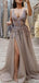 Sexy V Neck See Through Grey Side Slit Lace Long Evening Prom Dresses, Cheap Sweet 16 Dresses, 18440