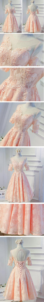 Short Sleeve Peach Lace Open Back Homecoming Prom Dresses, Affordable Short Party Prom Dresses, Perfect Homecoming Dresses, CM297