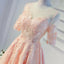 Short Sleeve Peach Lace Open Back Homecoming Prom Dresses, Affordable Short Party Prom Dresses, Perfect Homecoming Dresses, CM297