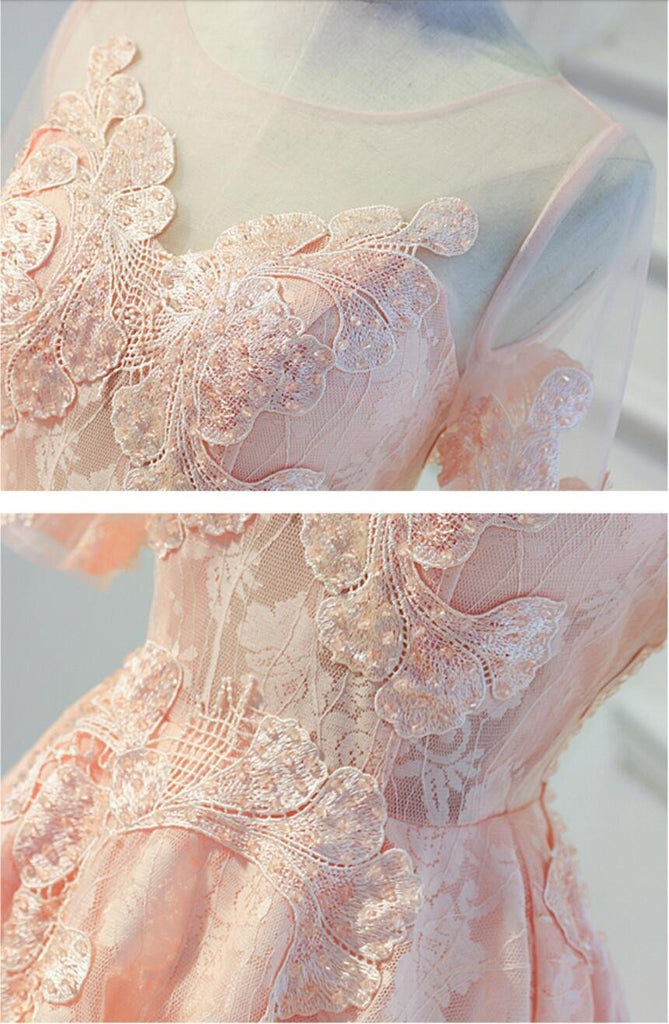 Short Sleeve Peach Lace Open Back Homecoming Prom Dresses, Affordable Short Party Prom Dresses, Perfect Homecoming Dresses, CM297