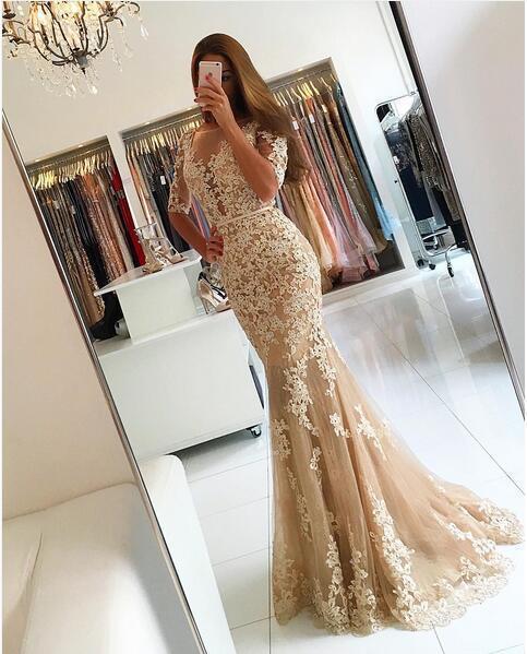 Short Sleeve Sexy Lace Mermaid Evening Prom Dresses, Long Sexy Party Prom Dress, Custom Long Prom Dresses, Cheap Formal Prom Dresses, 17136