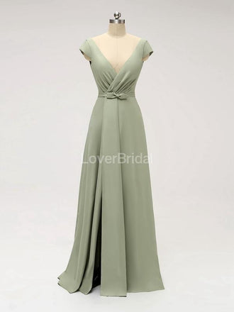 Short Sleeves Floor Length Chiffon Sofa Green Cheap Bridesmaid Dresses Online, WG587