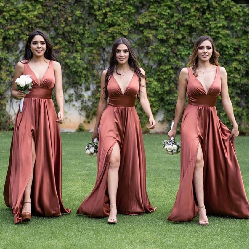 Simple A-line Chocolate V-neck High Slit Cheap Long Bridesmaid Dresses Online,WG982