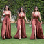 Simple A-line Chocolate V-neck High Slit Cheap Long Bridesmaid Dresses Online,WG982