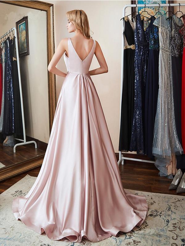 Simple A-line Pink Straps V-neck Long Party Prom Dresses Online,Dance Dresses,12367