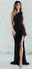 Simple Black Mermaid One Shoulder High Slit Cheap Long Prom Dresses,12653