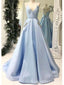 Simple Light Blue Long Evening Prom Dresses With Pockets, Cheap Custom Party Prom Dresses, 18596