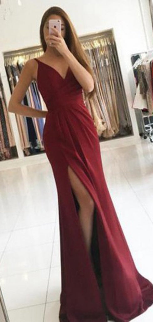 Simple Mermaid Burgundy Side Slit Spaghetti Straps Cheap Long Prom Dresses Online,12393