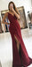Simple Mermaid Burgundy Side Slit Spaghetti Straps Cheap Long Prom Dresses Online,12393