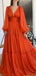 Simple Orange A-line V-neck Long Sleeves Maxi Long Prom Dresses,13046