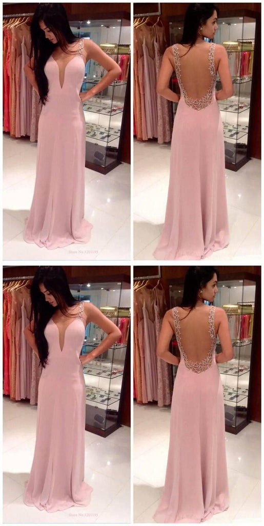Simple Pink A-Line Backless V-neck Long Prom Dresses Online,Dance Dresses,12445