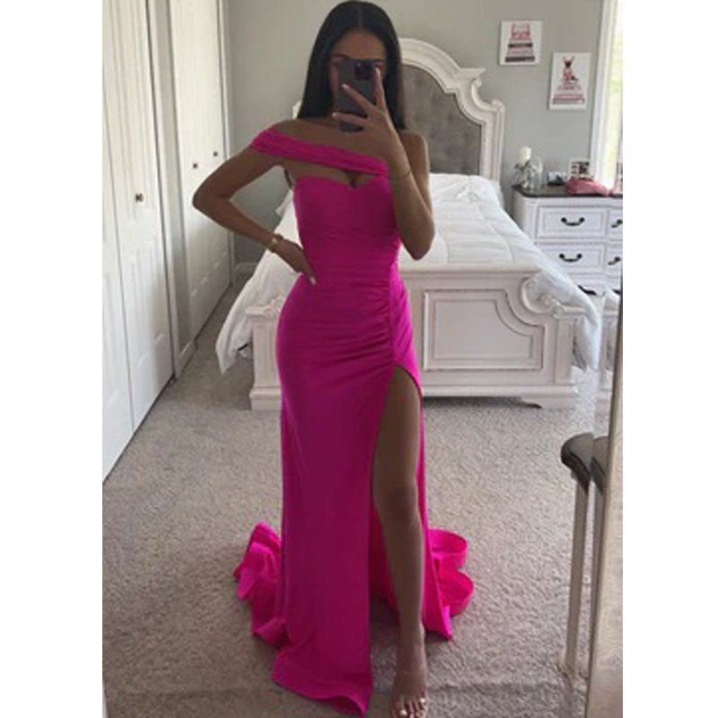 Simple Pink Mermaid One Shoulder Side Slit Cheap Long Bridesmaid Dresses,WG1370