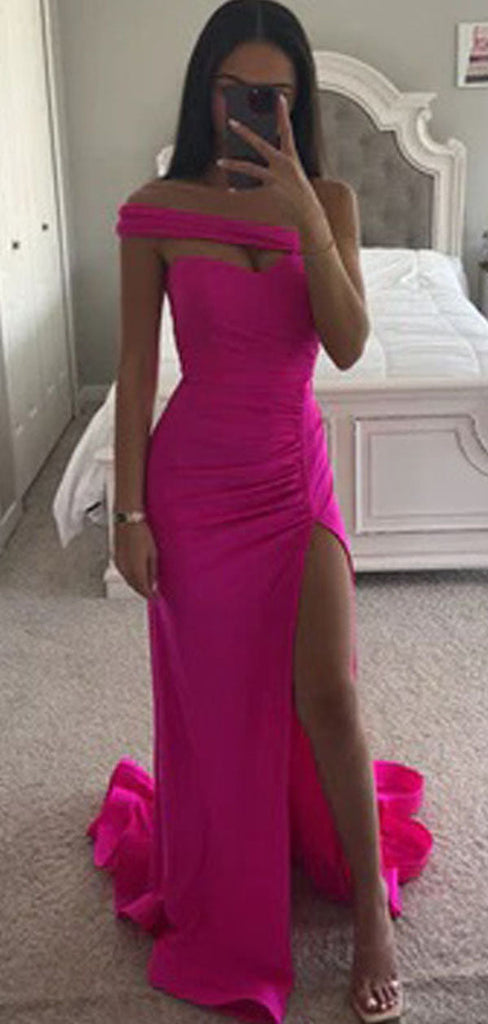 Simple Pink Mermaid One Shoulder Side Slit Cheap Long Bridesmaid Dresses,WG1370