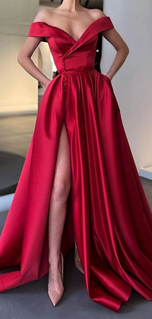 Simple Red A-line Off Shoulder High Slit V-neck Long Prom Dresses Online,12473