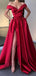 Simple Red A-line Off Shoulder High Slit V-neck Long Prom Dresses Online,12473