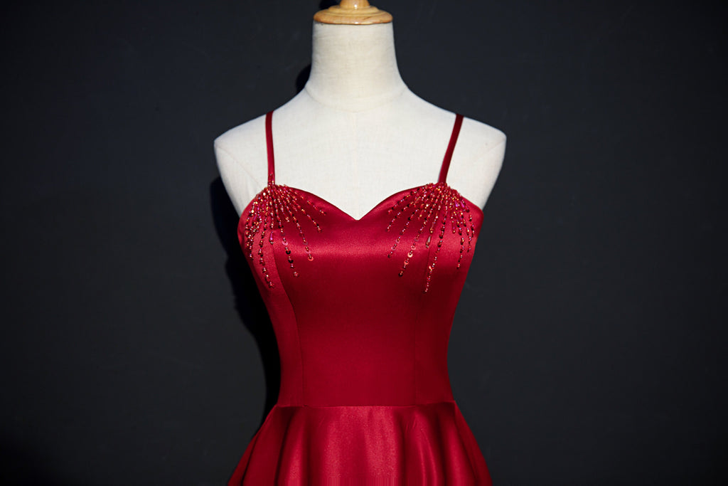 Simple Red A-line Spaghetti Straps V-neck Cheap Long Prom Dresses Online,12455