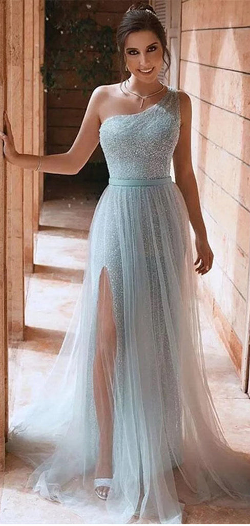 Sky Blue A-line One Shoulder High Slit Cheap Long Prom Dresses,12780