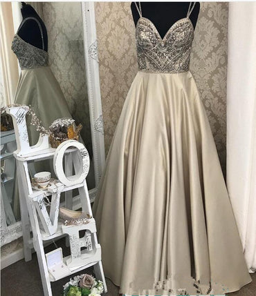 Spaghetti Straps A line Sweetheart Beaded Long Evening Prom Dresses, Popular Cheap Long 2022 Party Prom Dresses, 17289