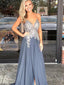 Spaghetti Straps Grey Beaded Long Evening Prom Dresses, Cheap Sweet 16 Dresses, 18317