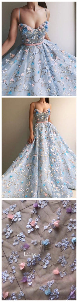 Spaghetti Straps Lace Flower A-line Long Evening Prom Dresses, Cheap Sweet 16 Dresses, 18448