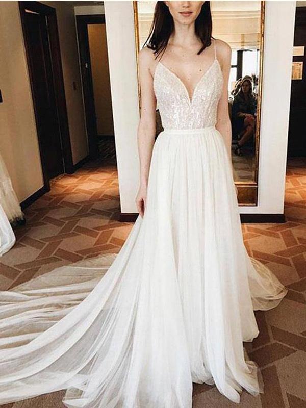 Spaghetti Straps V Neck Ivory Soft Tulle Cheap Long Evening Prom Dresses, Cheap Sweet 16 Dresses, 18367