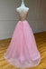 Sparkly Pink A-line Spaghetti Straps V-neck Backless Long Prom Dresses Online,12537