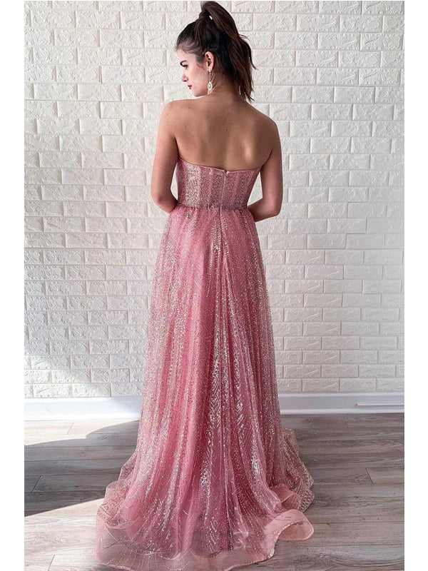 Sparkly Pink A-line Sweetheart Maxi Long Prom Dresses Online,13049