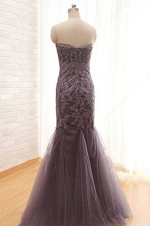 Strapless Grey Lace Mermaid Long Evening Prom Dresses, 17662
