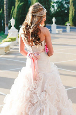 Strapless Champagne Cheap Wedding Dresses Online, Ruffle A-line Bridal Dresses, WD443