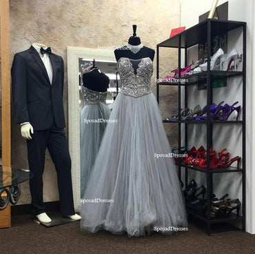 Strapless Gray Heavily Beaded A line Long Evening Prom Dresses, Popular Cheap Long Party Prom Dresses, 17280