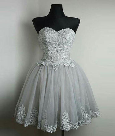 Strapless Gray Lace Tulle Homecoming Prom Dresses, Affordable Short Party Prom Sweet 16 Dresses, Perfect Homecoming Cocktail Dresses, CM350