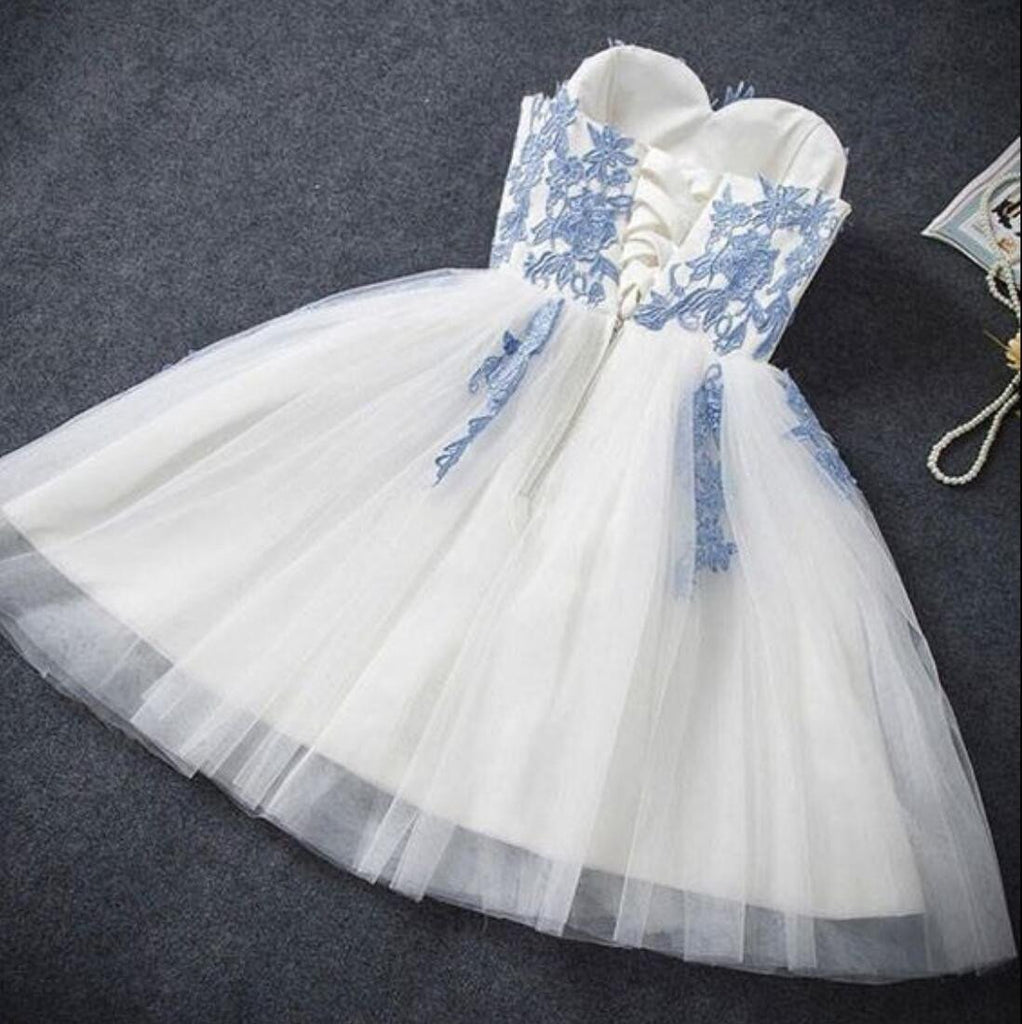 Strapless Sweetheart Neckline Blue Lace Tulle Homecoming Prom Dresses, Affordable Short Party Prom Sweet 16 Dresses, Perfect Homecoming Cocktail Dresses, CM353