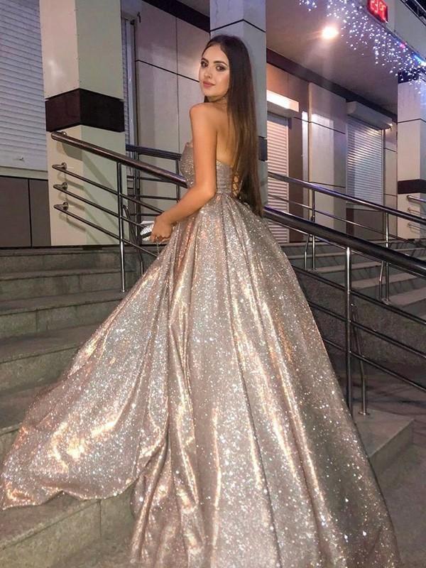 Sweetheart Neck Gold Sequin A-line Cheap Long Evening Prom Dresses, Evening Party Prom Dresses, 12350