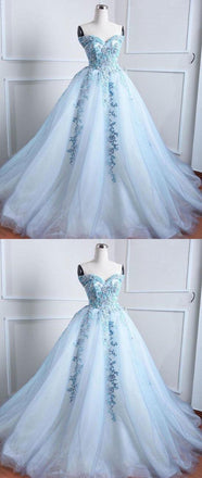 Sweetheart Pale Blue Lace Beaded Cheap Long Evening Prom Dresses, Cheap Sweet 16 Dresses, 18373