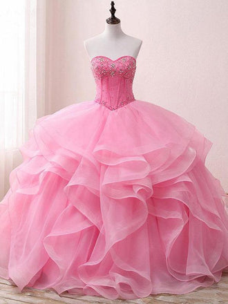 Sweetheart Pink Beaded Cheap Evening Prom Dresses, Sweet 16 Dresses, 17489