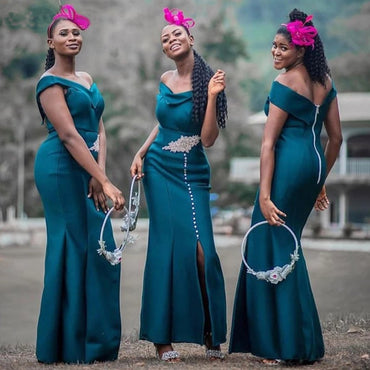 Teal Mermaid Off Shoulder Side Slit Cheap Long Bridesmaid Dresses Online,WG996