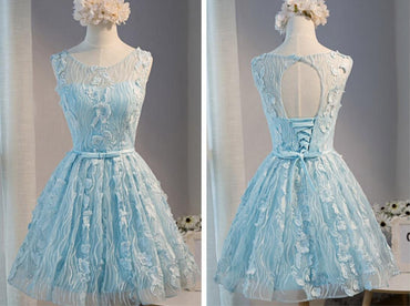 Tiffany Blue Open back Lace Cute Homecoming Prom Dresses, Affordable Short Party Prom Dresses, Perfect Homecoming Dresses, CM313