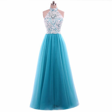 Turquoise Tulle Lace A line Evening Prom Dresses, Popular Unique Party Prom Dress, Custom Long Prom Dresses, Cheap Formal Prom Dresses, 17175