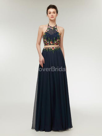 Two Pieces Halter Lace Applique Long Evening Prom Dresses, Evening Party Prom Dresses, 12005