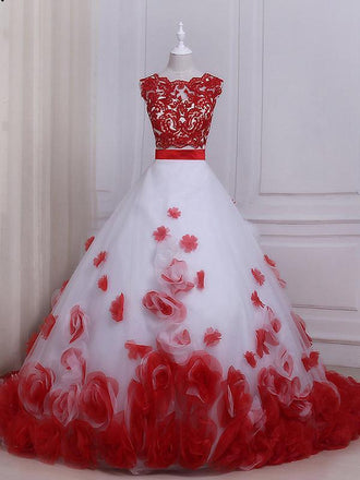 Two Pieces Red Lace Hand Made Flower A line Long Evening Prom Dresses, 17556
