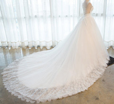 Two Straps Back See Through Lace Beaded Sweetheart Neckline A line Long Tail Wedding Bridal Dresses, Custom Made Wedding Dresses, Affordable Wedding Bridal Gowns, WD267