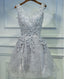 Two Straps Gray Lace Beaded Homecoming Prom Dresses, Affordable Short Party Prom Dresses, Perfect Homecoming Dresses, CM263