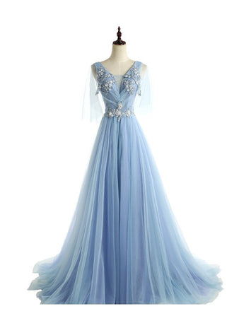 Two Straps V Neckline Light Blue Lace Beaded Unique Long Evening Prom Dresses, Popular 2022 Party Prom Dresses, Custom Long Prom Dresses, Cheap Formal Prom Dresses, 17221