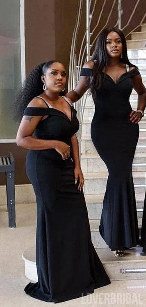 Unique Mermaid Black Off the Shoulder V-neck Long Bridesmaid Dresses Gown, WG882