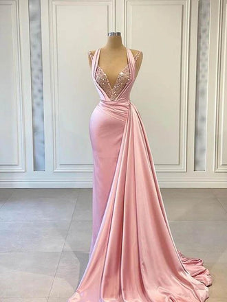 Unique Mermaid Pink Halter V-neck Cheap Long Prom Dresses Online,12487