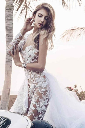 Unique See Through Short One Shoulder Long Sleeve Wedding Dresses,WD727