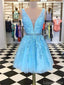 V Neck Blue Lace Short Cheap Homecoming Dresses Online, CM822