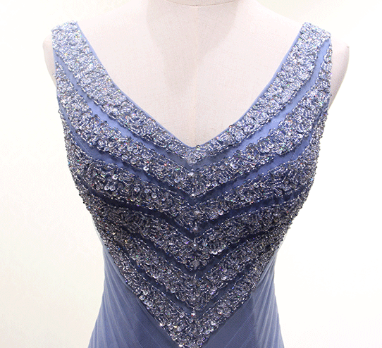 V Neck Dusty Blue Beaded A-line Long Evening Prom Dresses, 17620