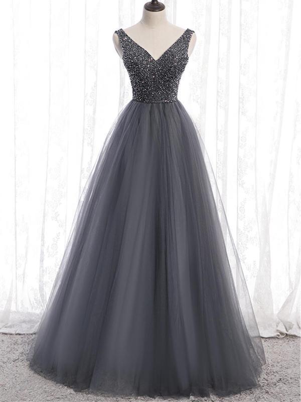 V Neck Grey Beaded Tulle Long Cheap Evening Prom Dresses, Evening Party Prom Dresses, 12331